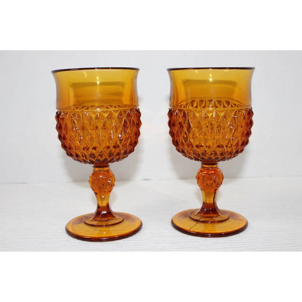 Vintage Amber Glass Diamond Point Goblets Set of 2 Mid Century Modern S0205